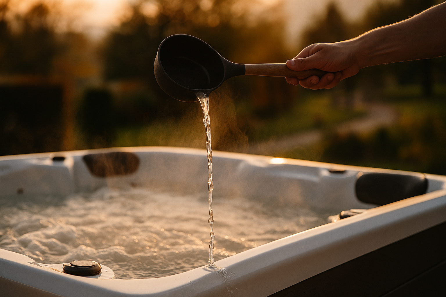 Mână turnând apă caldă într-un ciubar jacuzzi JoySpa, cu aburi vizibili - începutul relaxării