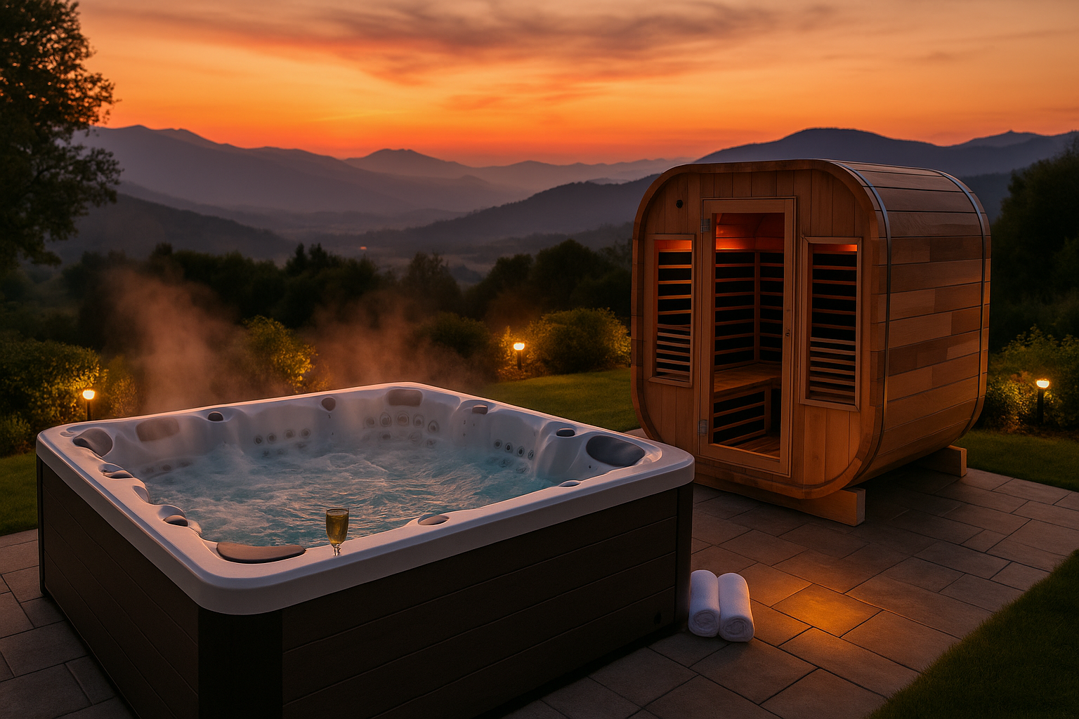 Ciubar jacuzzi premium JoySpa în aer liber, cu aburi și priveliște montană la apus