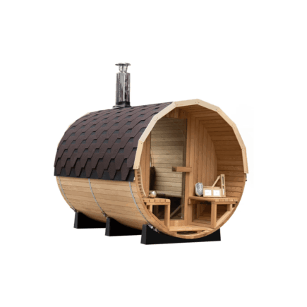 Saună exterioară tip butoi, pin termotratat 4 persoane cu sobă electrică și perete de sticlă
