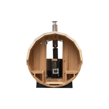 Saună exterioară, tip butoi, pin termotratat, 4-6 persoane cu sobă pe lemne și perete de sticlă