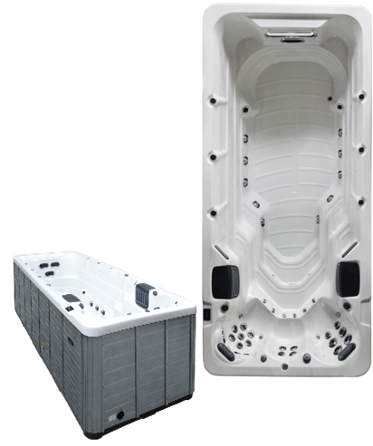 Piscină Swim Spa 5.5M cu inot Contracurent și Hidromasaj, incalzitor, Acril Aristech, Sistem Balboa, 4 Persoane, LED, Bluetooth