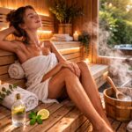 sauna arde calorii - femeie relaxata in sauna finlandeza